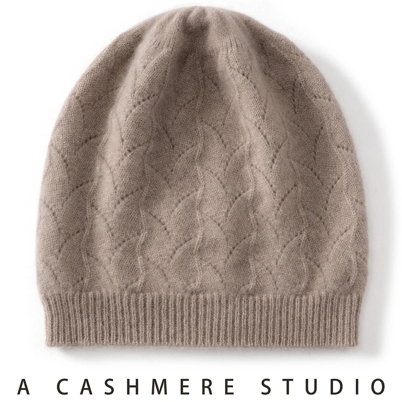 Autumn and Winter New Women's 100% Cashmere Knitted Bean Hat Solid Color Jacquard Hollow Out brimless Outdoor Warm Cap 4 Color