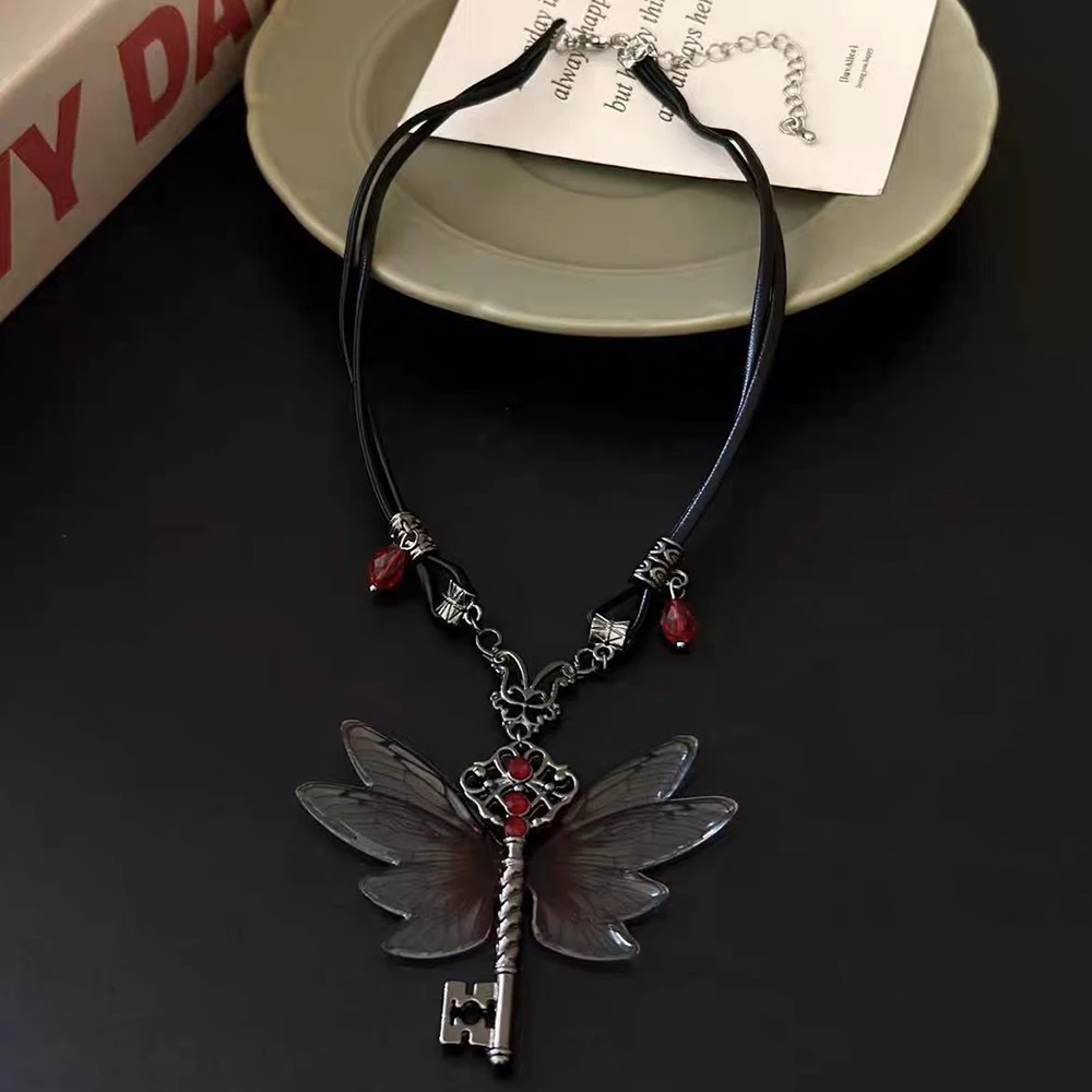 Y2K Dragonfly Necklace Key Chain Leather Rope Choker Chain Hip Hop Zircon Halloween Prop image 5