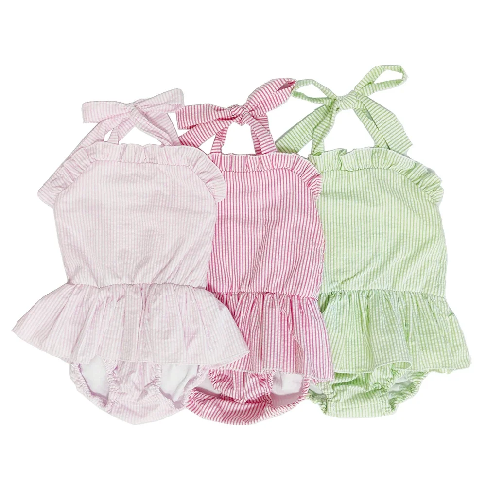 Ruffles estate 100% cotone vestiti per bambini costume da bagno per bambini Seersucker Infant Kids One Piece Bikini Beachwear Ruffle Girls Swimwear