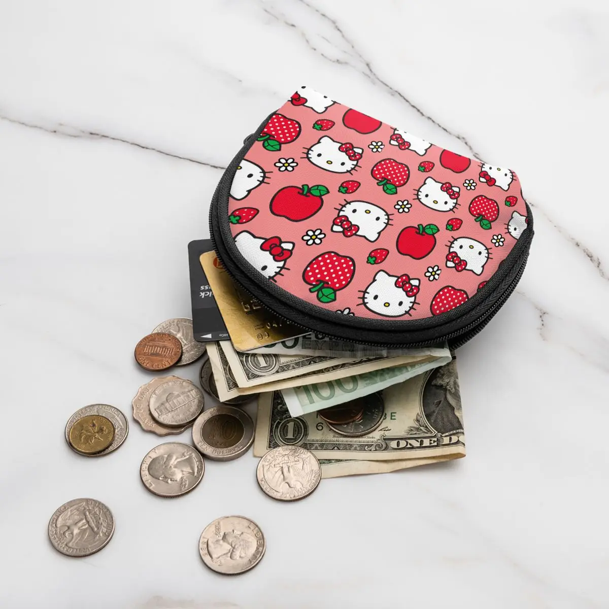 Hello Kitty Strawberry Coin Bag Purse for Kids Girls Fashion Sanrio Cartoon Printing Wallet Portable ID Card Storage Bags