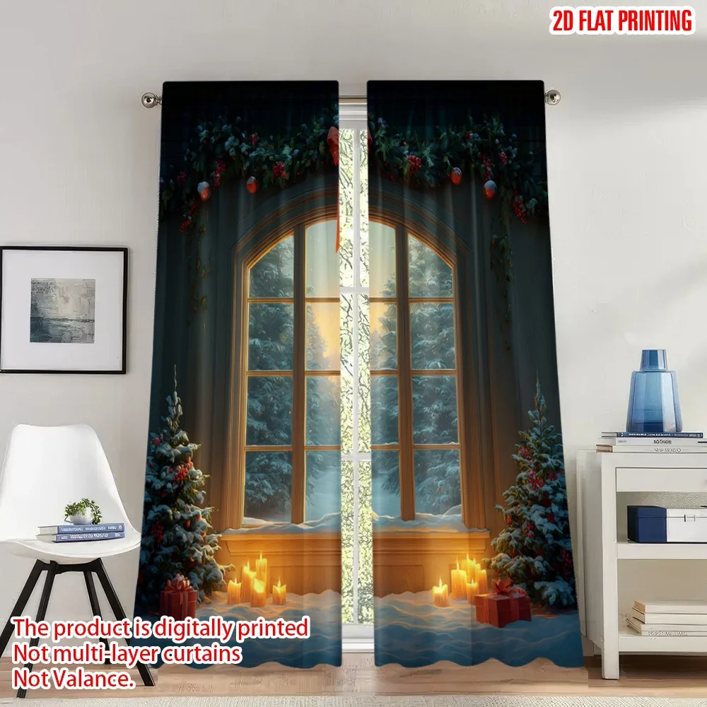

2pcs 2D flat printing Fashionable Christmas Curtains Cozy Christmas Scene_a Digital Printed Polyester Drapes Family Party