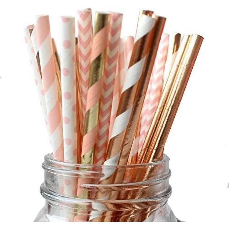 150 Pieces Rose Gold and Pink Biodegradable Drinking Paper Straws, Striped Polka Dot Chevron