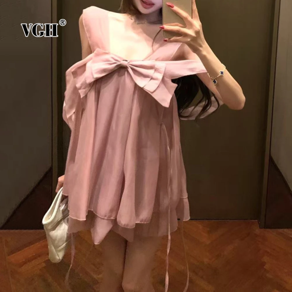 

VGH Sexy Loose Spliced Bowknot Solid Mini Dresses For Women Square Collar Sleeveless High Waist Summer Elegant Dress Female New