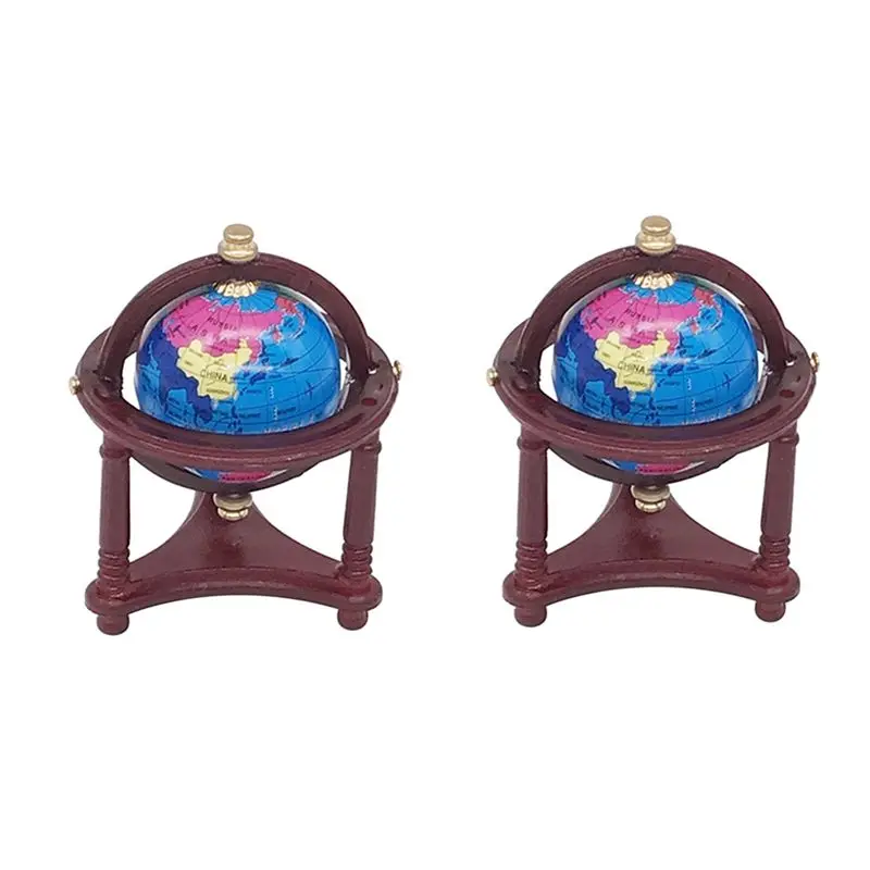 

X18A-2X 1/12 Scale Dollhouse World Globe With Wooden Stand, Mini Globe Dollhouse For House Desktop Display Red