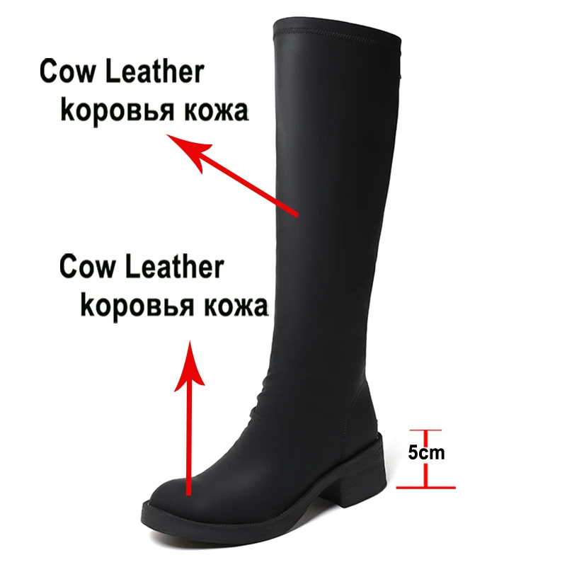 Meotina Women Genuine Leather Knee High Riding Boots Round Toe Block Mid Heel Zipper Lady Pleated Long Boot Autumn Winter Shoes