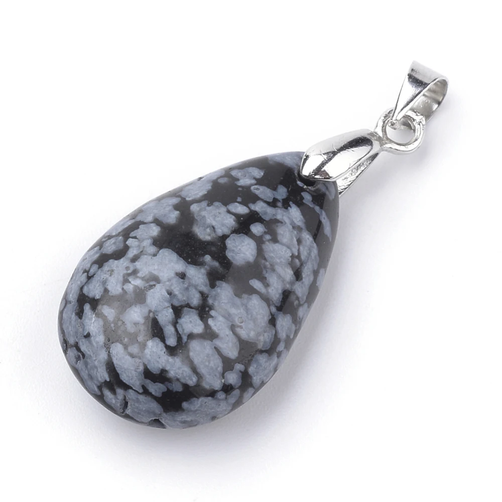 Snowflake Obsidian Pendants with Alloy Findings Teardrop Platinum 23~24x14~15x8~9mm Hole: 4x5mm
