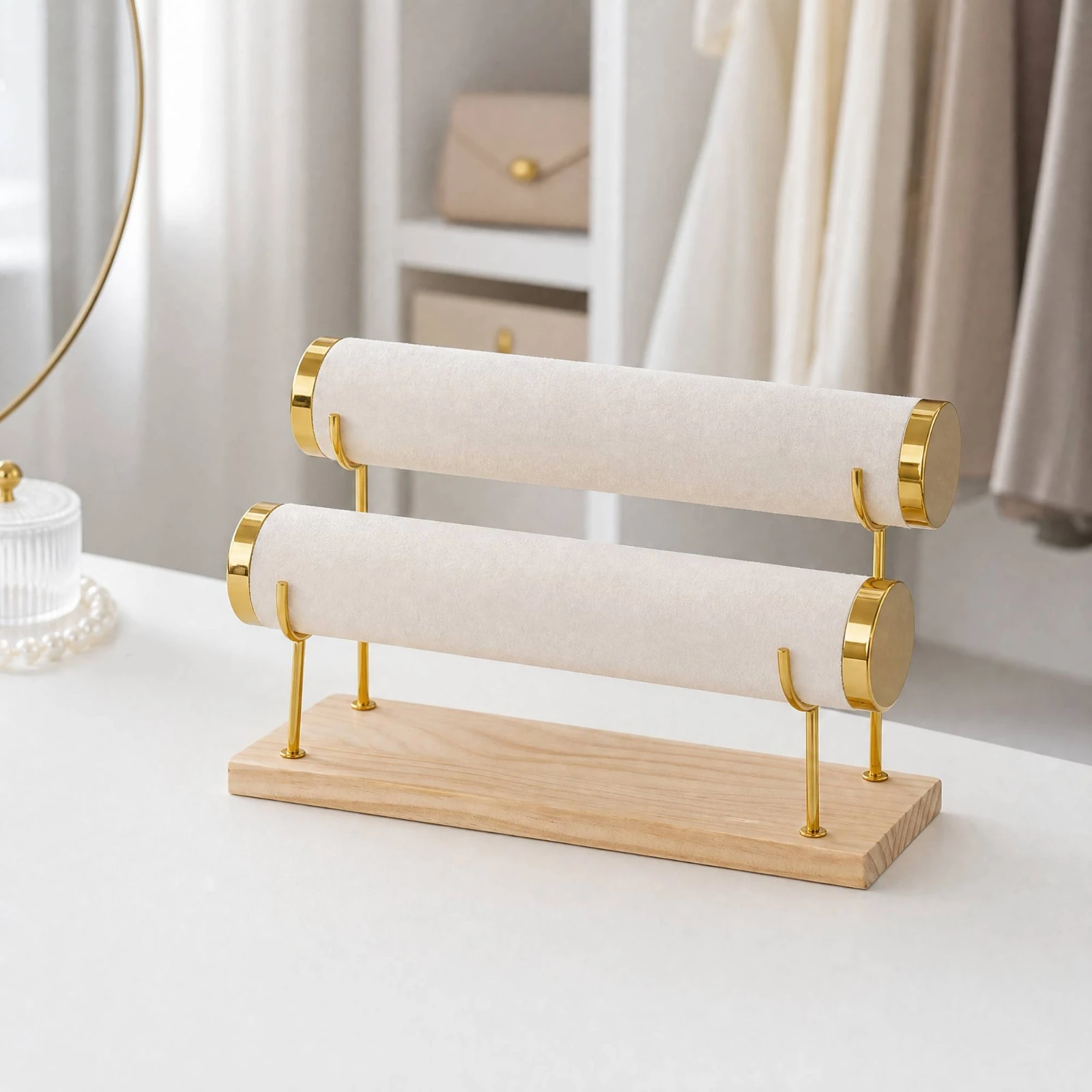 Freestanding Jewelry Display Rack with Wooden Base Versatile Bangle Display Stand with Metal Rods Compact Space-Efficient