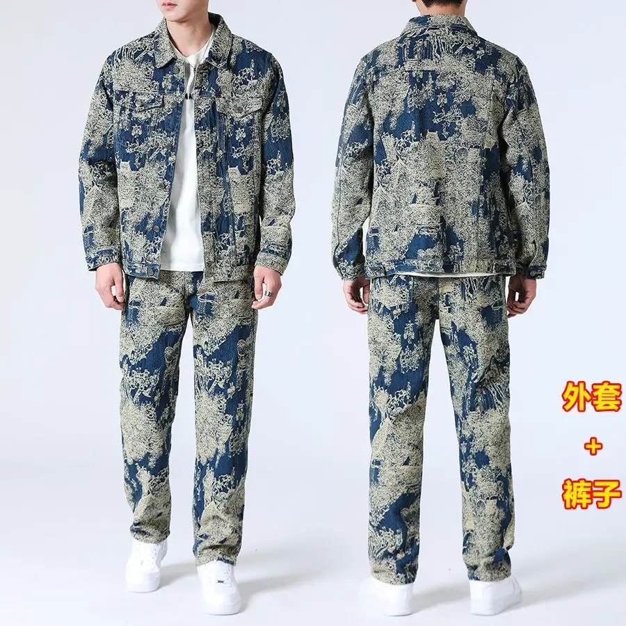 

Жаккардовый джинсовый костюм, мужской осенний свободный джинсовый пиджак, костюм для одежды