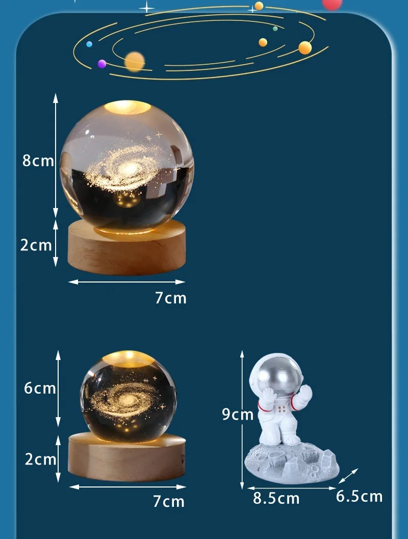 Crystal ball Night Light Crystal Astronaut Planet Globe 3D Laser Engraved Solar System Ball with Touch Switch LED Light Base Ast