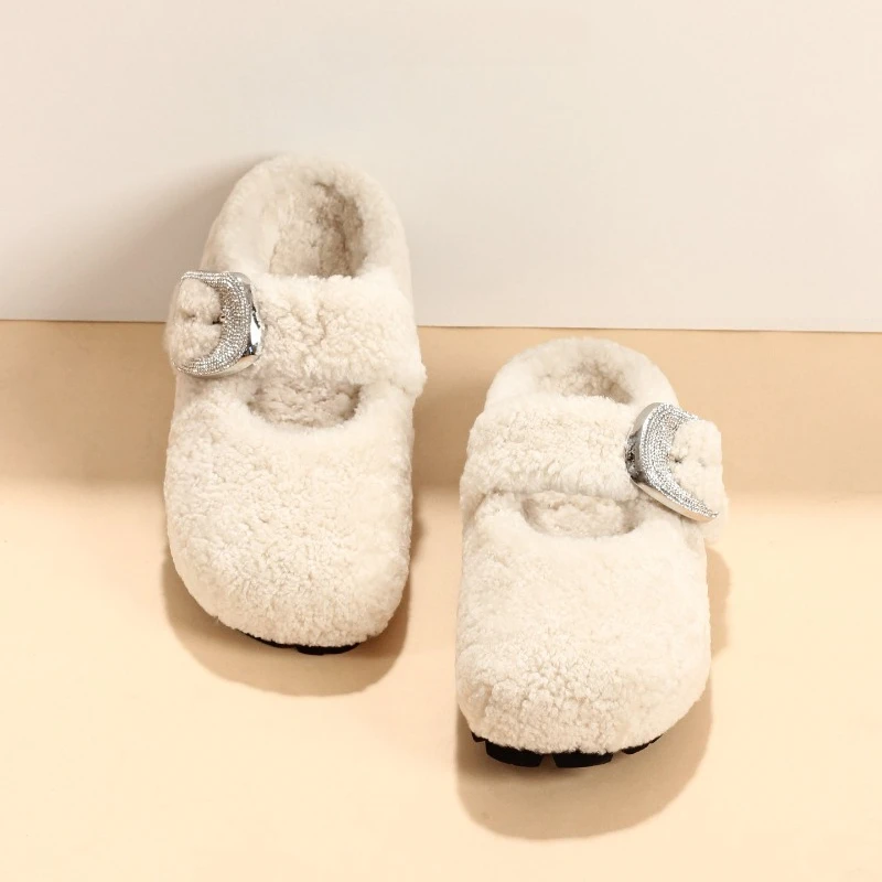 Women Fluffy Furry Platform Mules Rhinestone‑Encrusted Adjustable Buckle Plush Winter Open‑Back Slip‑On House Slippers