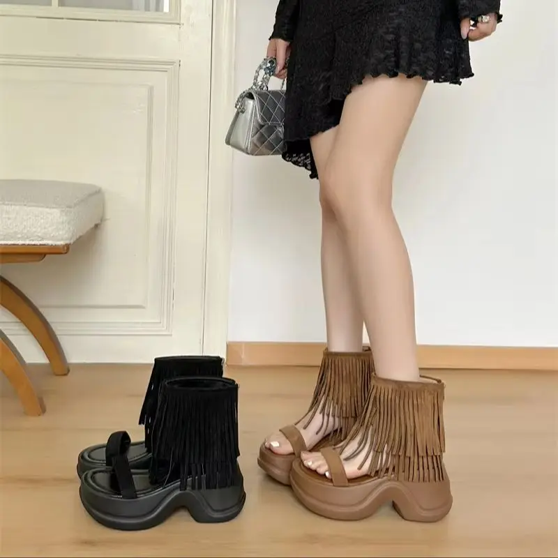 

8cm Wedges Heels For Woman Sandals Black Tassel Platform Shoes Punk Open Toe Ankle Boots Summer Sandals Chunky Heels