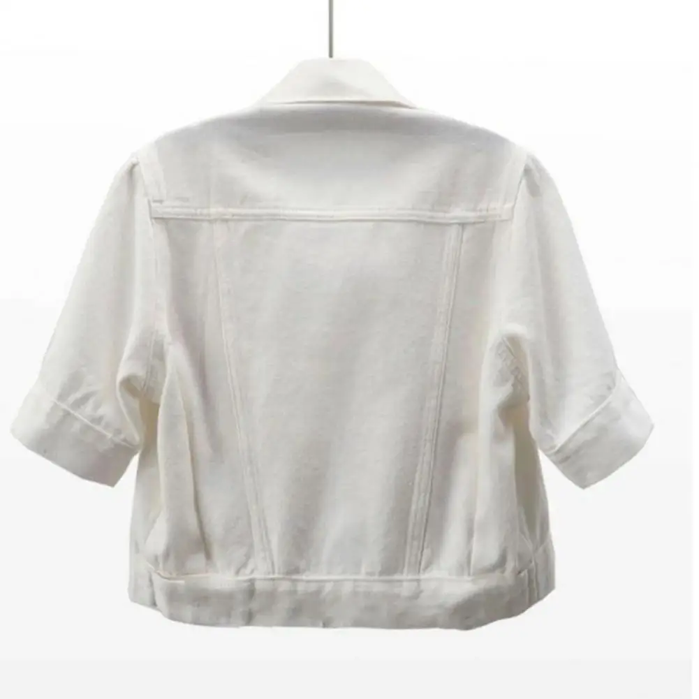 

Women Denim Jacket Short Sleeve Cropped Jean Jacket Lapel Button Down Trucker Coat Summer Casual White Thin Top Outerwear