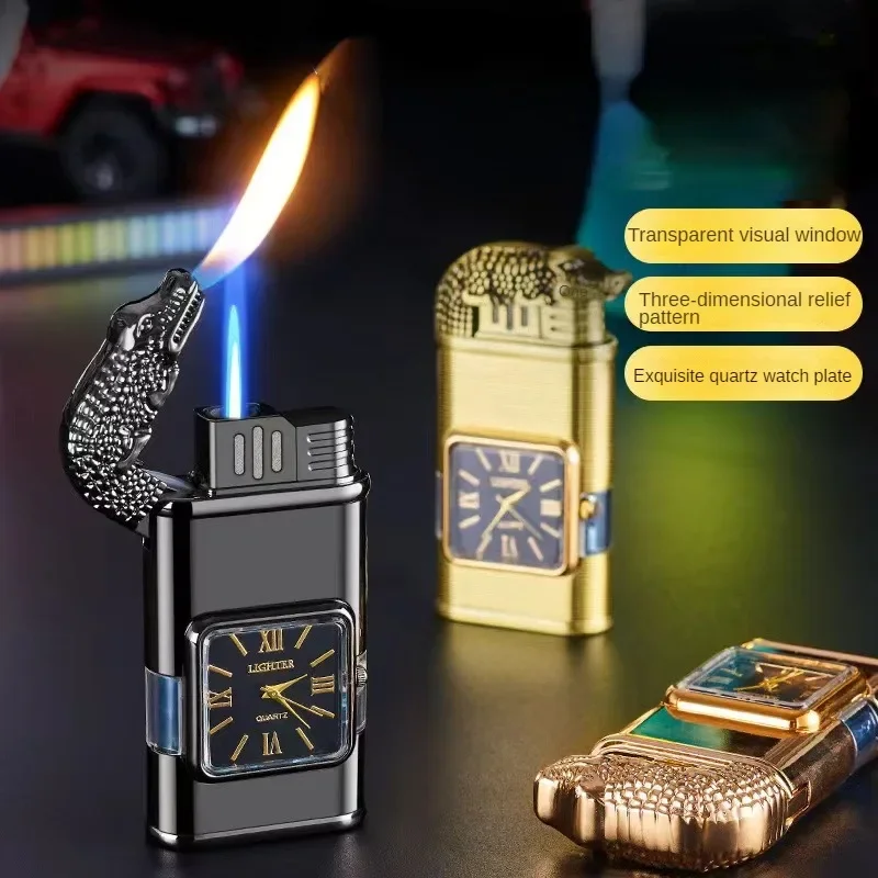 Hot selling Creative Double Flame Windproof Butane Gas Metal Lighter Camping Outdoor Portable Cigar Lighter Men\'s High end Gift