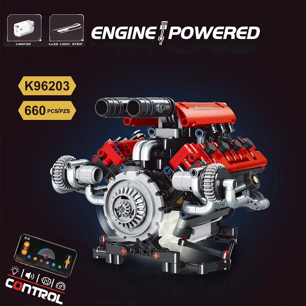 

660PCS V8 K96203 Engine Technical Building Blocks With Motor + LED Light APP Control Programmable Car Model Assembly Bricks Toys