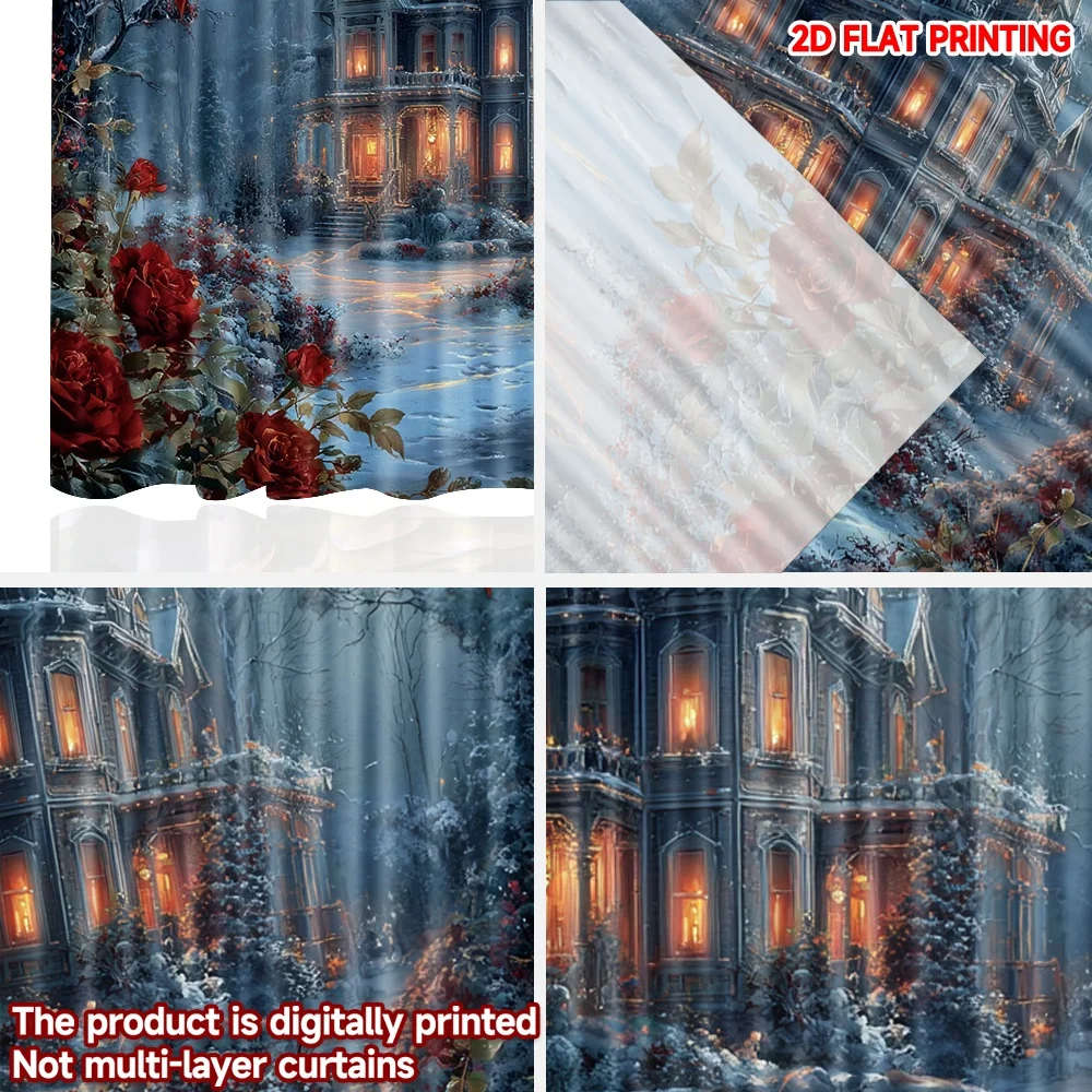 2D الطباعة المسطحة 2PCS عيد الميلاد المشهد الستائر الشتاء ليلة القلعة روز حلم الطباعة الرقمية المطبوعة البوليستر الستائر عيد ميلاد