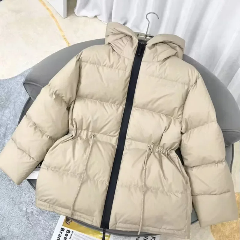 Autumn and Winter New Niche 90  Duck Down Coat Drawstring Hooded Loose Thickened Down Jacket