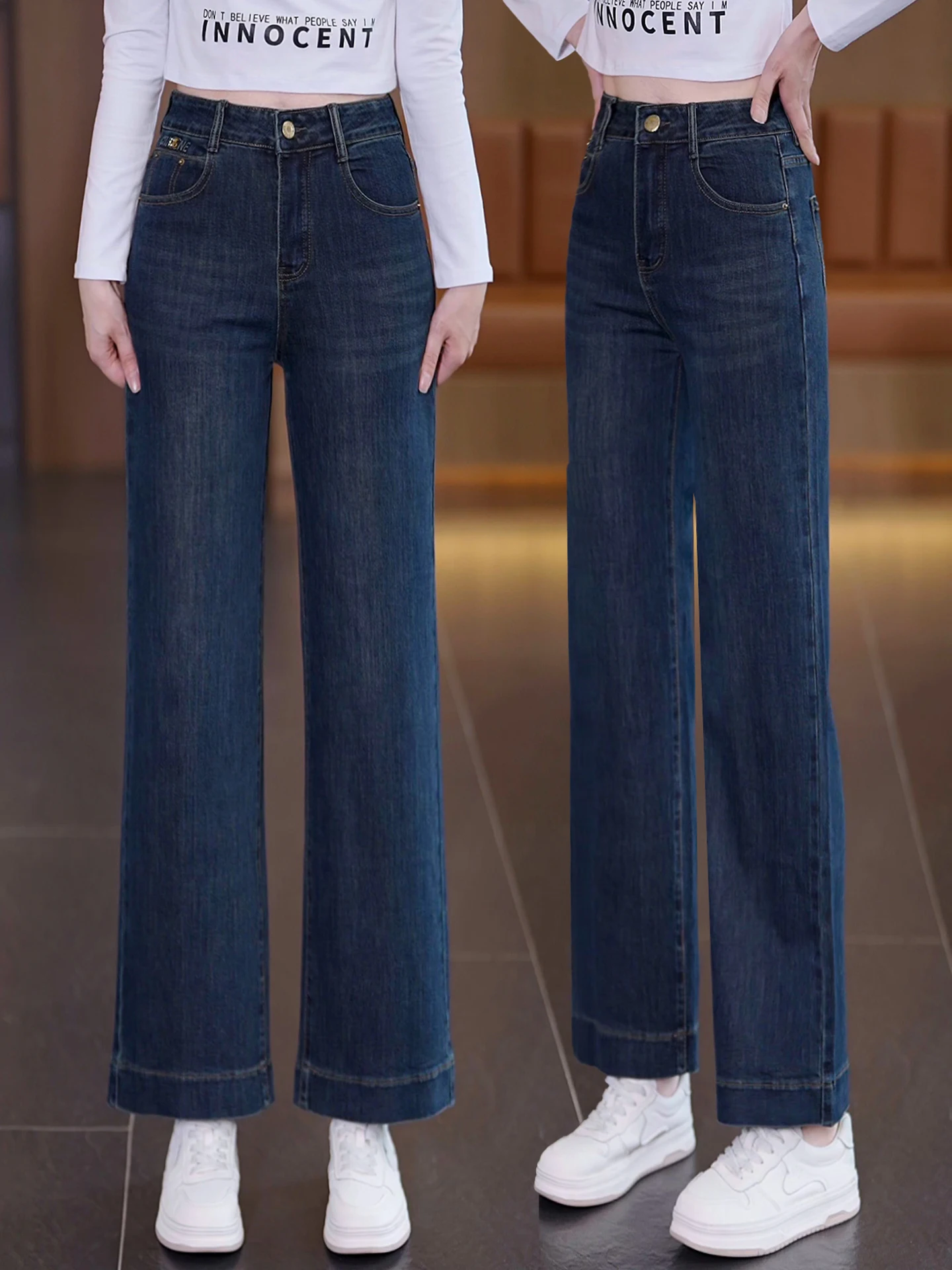 

Retro Blue High Waist Wide Leg Jeans Women's Spring Autumn Slimming Straight Cut Trousers Korean Style Commute Casual Wear