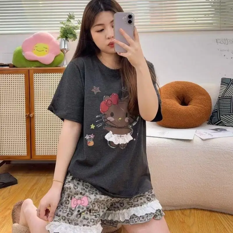 Popular Hello Kitty Summer Cartoon Women's Pajamas Large Size Short-Sleeved Shorts Two-Piece Set Lace Beautiful Ins Home Clothes view 6