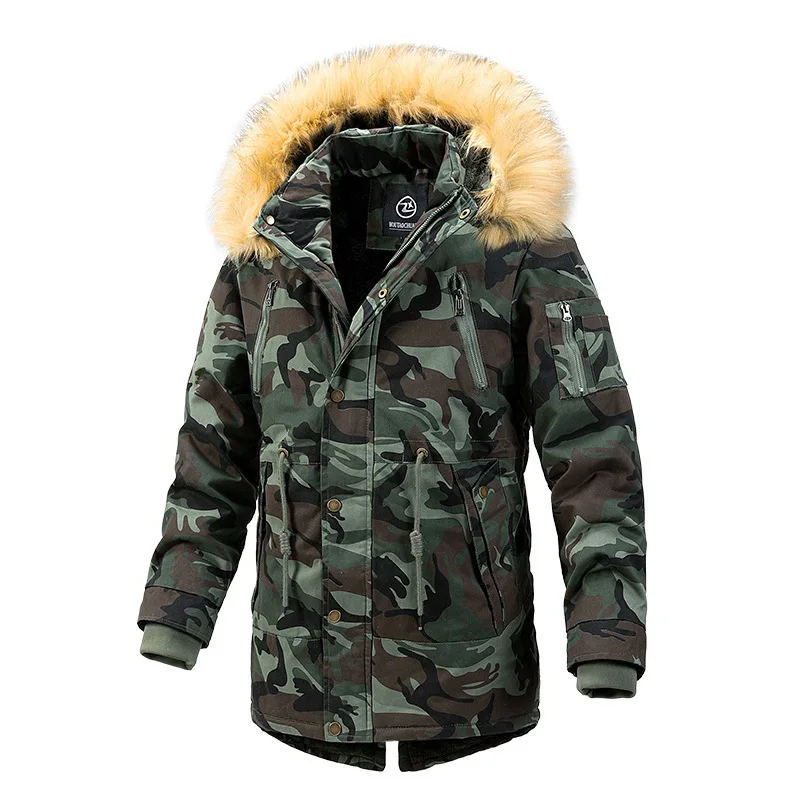 Winter Men Cargo Coat Winter Thicken Fleece Printed Stand Collar Male Jacket Mid Length Long Sleeve Pocket Hooded Man Outerwear
