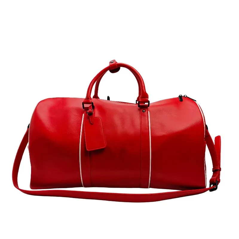 Red Leather Portable Reusable Weekend Handbag Gym Sports Overnight Luggage Bag Support Logo Customization