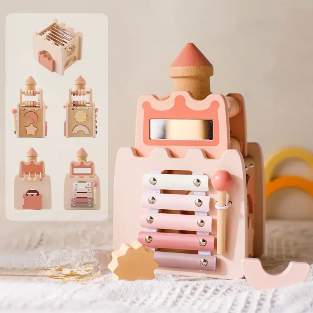 Montessori 5-in-1 Wooden Castle Shape Sorter Early Education Castle Stacking Puzzle with Sound Portable Dollhouse Shape Wooden