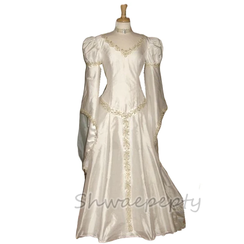 Gaun pengantin Satin antik garis-a Ruched Puff lengan panjang gaun pengantin pernikahan gading Renaissance wanita dengan Applique renda emas