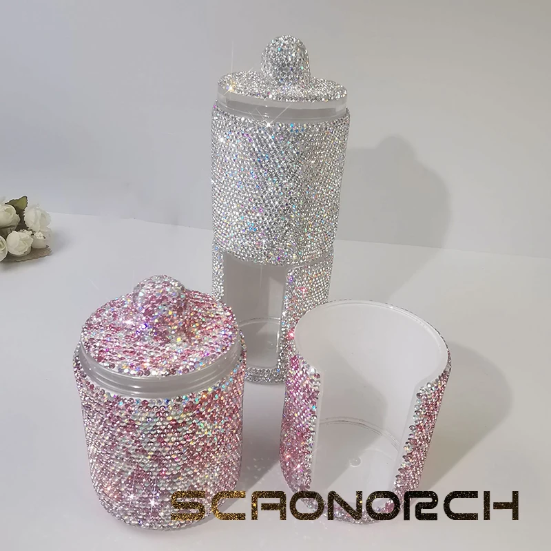 Sparkling Rhinestones Storage Box Acrylic Brush Organizer with Lid Cosmetic Bins Make Up Box Cotton Swab Storage cartridge