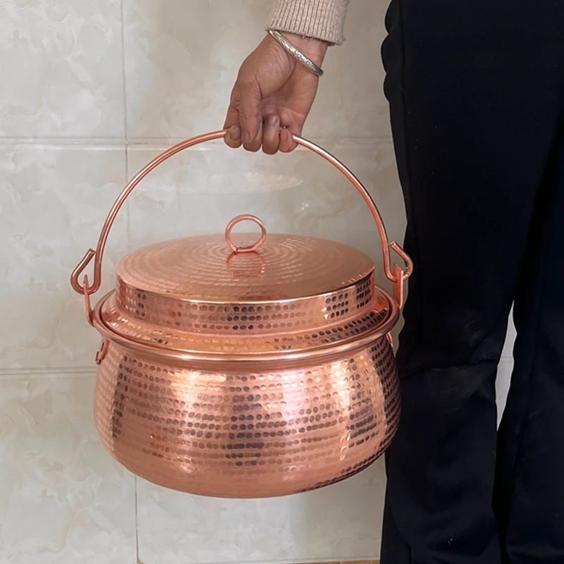 Pure Copper Hot Pot Household Portable Round Pot with Lid Handmade Hammered Pot Thick with Handle