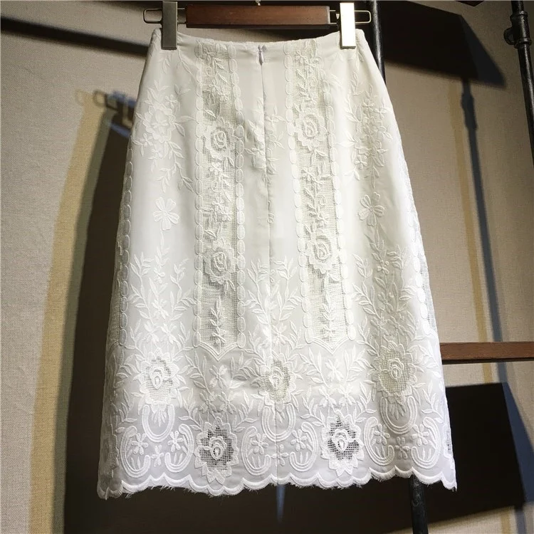 High Quality 2024 New Women Lace Skirt Pencil Hollow Out White SKirt Knee Length Size S-XL Fashion Embroidery New skirts