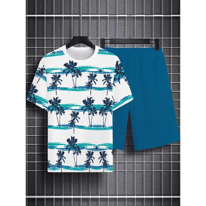 Summer 2025 3D Printed Casual Sports Set Breathable Outdoor Men's Round Neck Short Sleeved T-shirt Shorts Set