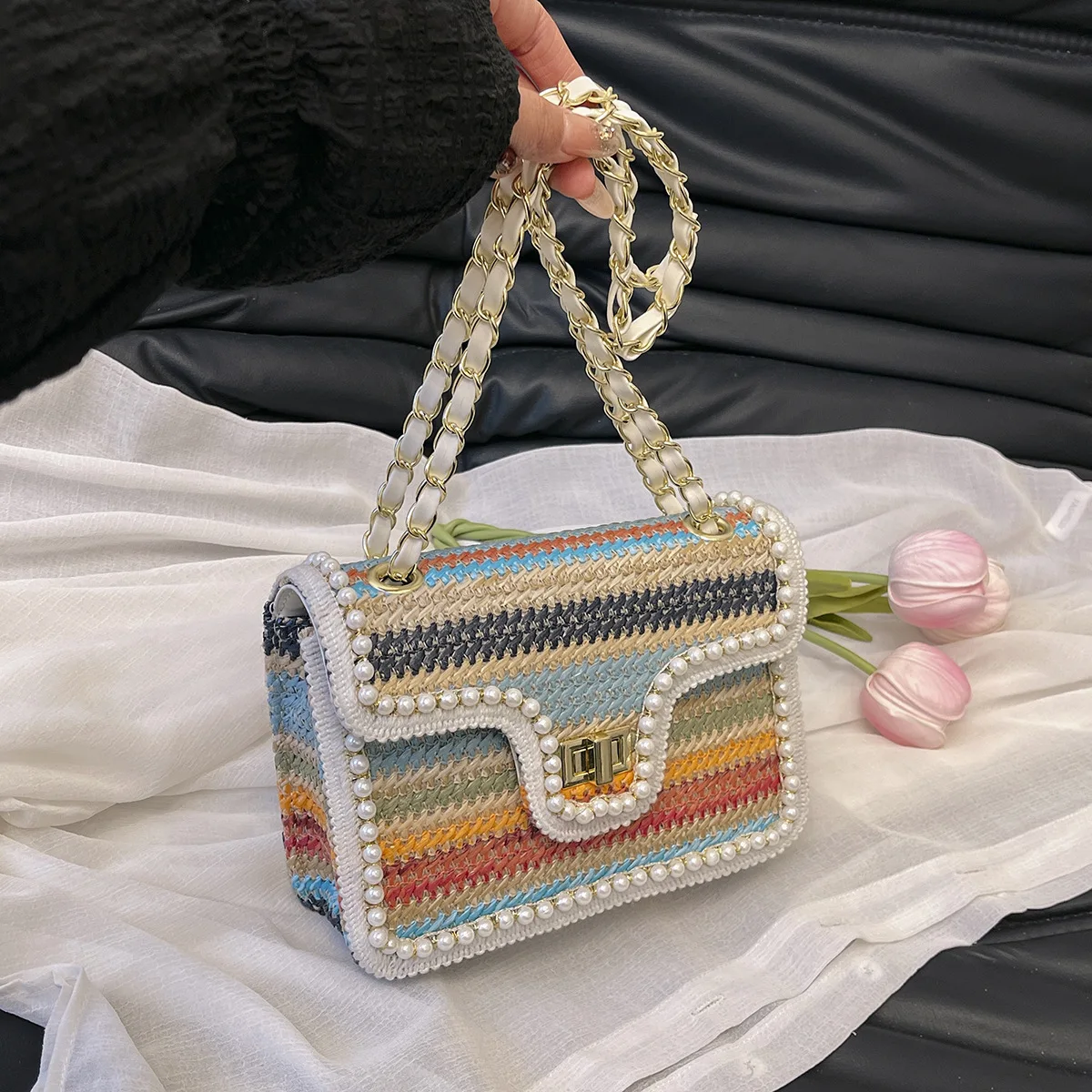 القش المنسوجة حقيبة أزياء شعبية مشبك سلسلة حقيبة عطلة الشاطئ المنسوجة لؤلؤة حقيبة الكتف Crossbody #2