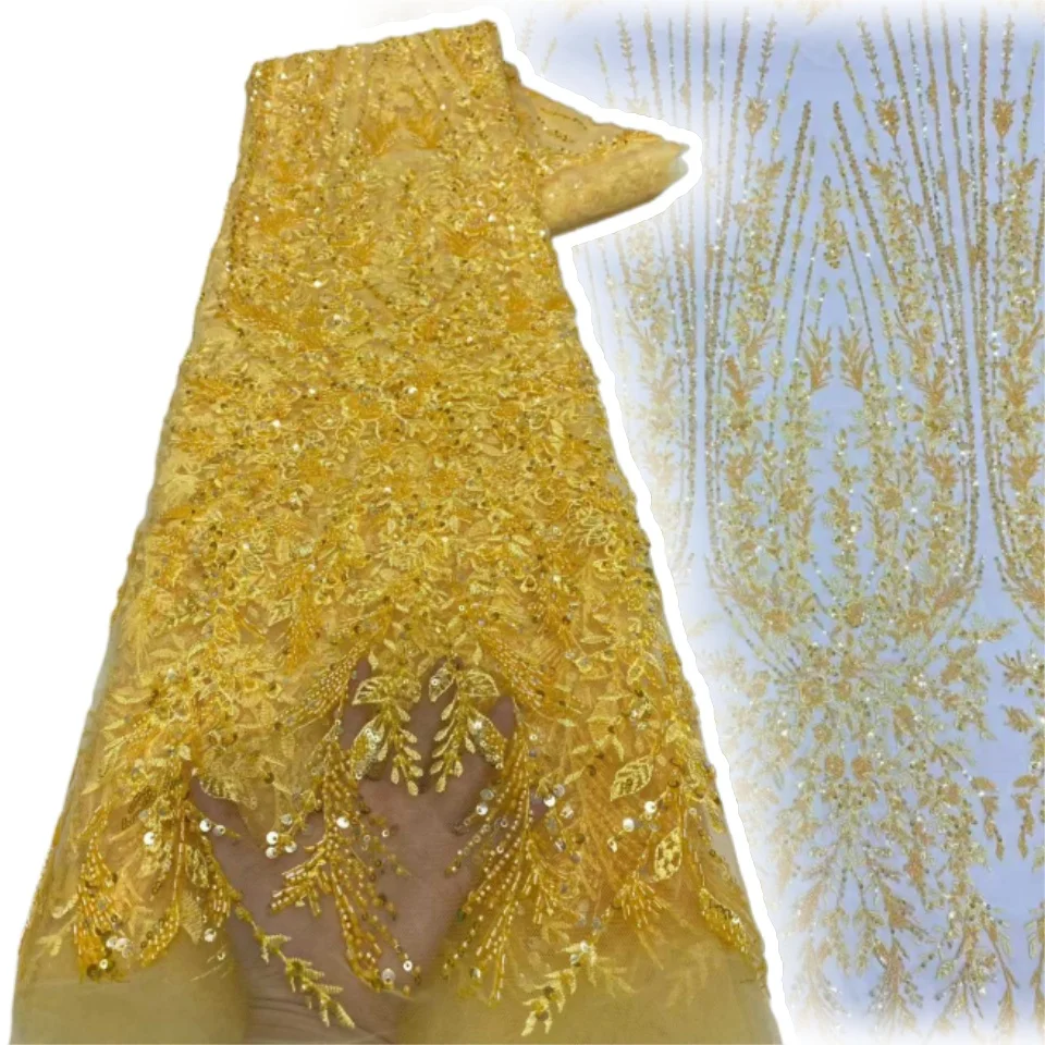 

Желтая роскошная африканская кружевная ткань с блестками для жениха, высокое качество, французская вышивка, тяжелые бусины, кружево, нигерийский швейный материал 2042