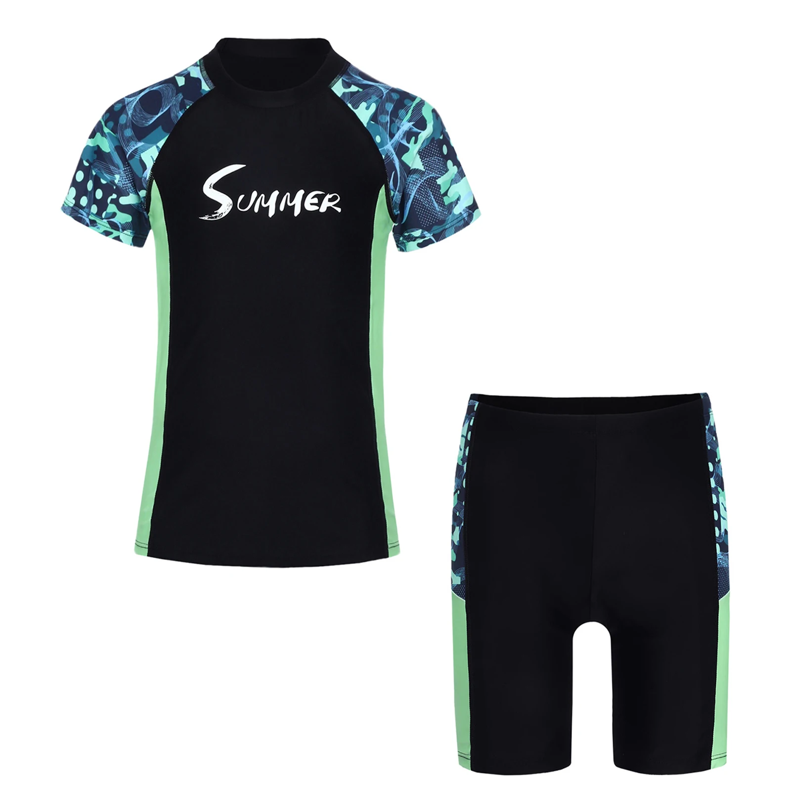 

Kids Boys Two-Piece Rash Guard Set Color Block Swimsuit Bathing Suit Short Sleeve Zipper Top with Drawstring Elastic Shorts