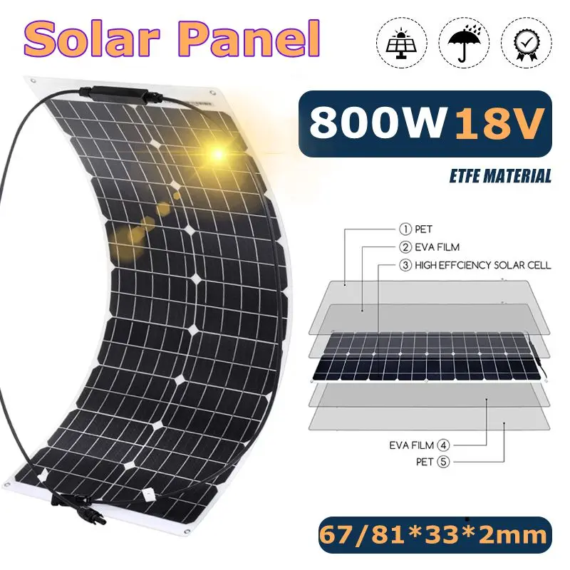 

800W Solar Panel Output USB Waterproof 18V ETFE Flexible Monocrystalline Solar Cell RV Car Camping 12V Battery Charger