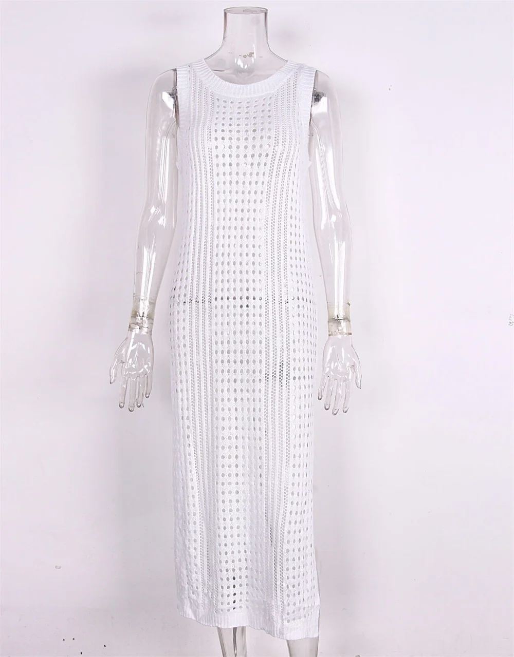 2024 Autumn Woman Sexy Hollow Out Knitted Beachwear Swimsuit Cover-ups White Crochet Mesh Sleeveless Slit Wrap Beach Dress