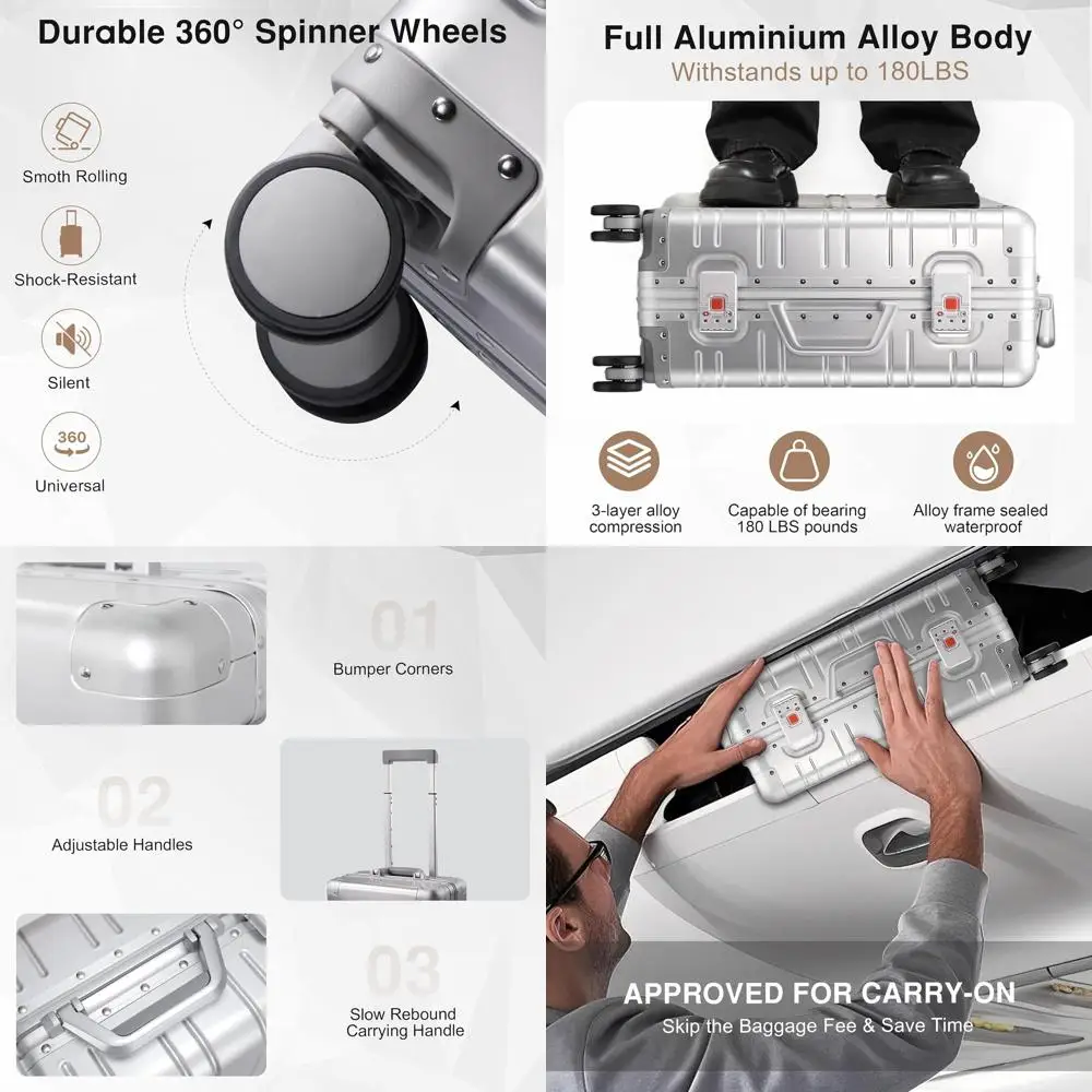 

20 Premium Aluminum Spinner Carry-On Suitcase, Airline Approved, Zipperless Hard Shell Luggage - Silver