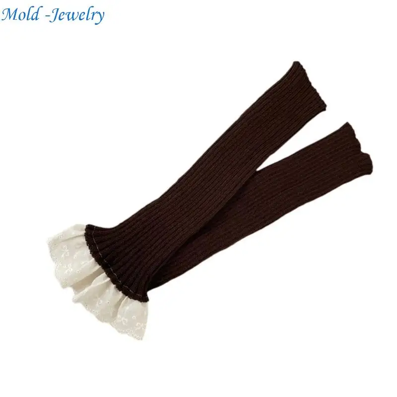 

69HB Women Ribbed Knit Vertical Striped Ruffled Lace Patchwork Leg Warmers Long Socks