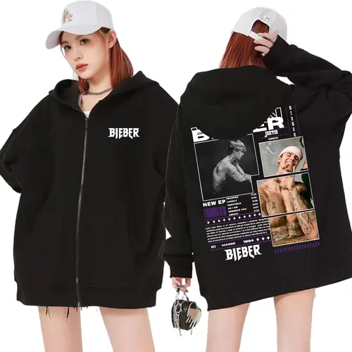 Rapero Justin Bieber álbum Tour Sudadera con capucha con cremallera ropa de hombre Hip Hop música Pop jersey con cremallera Unisex moda chaqueta Casual Sudadera con capucha
