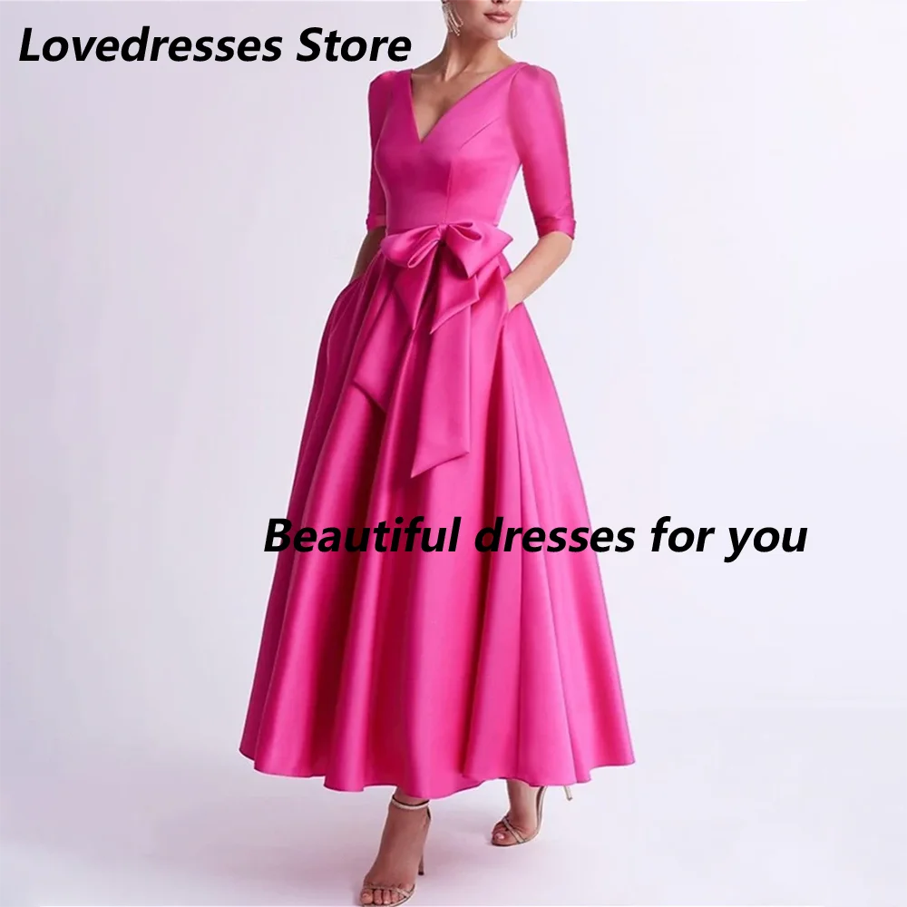 

Fuchsia Satin Midi Mother of The Bride Dresses Customized V-Neck Half Sleeves Pleat Bow A Line Tea Length Wedding Guest Gown