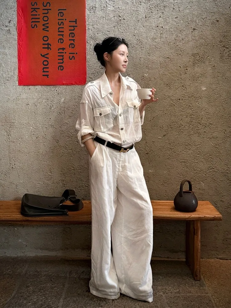 

Vaion Sle Loose Fit White Overalls High Waist Wide Leg Pants Linen Long Sve irt Set Korean Version 8-25 Years Old