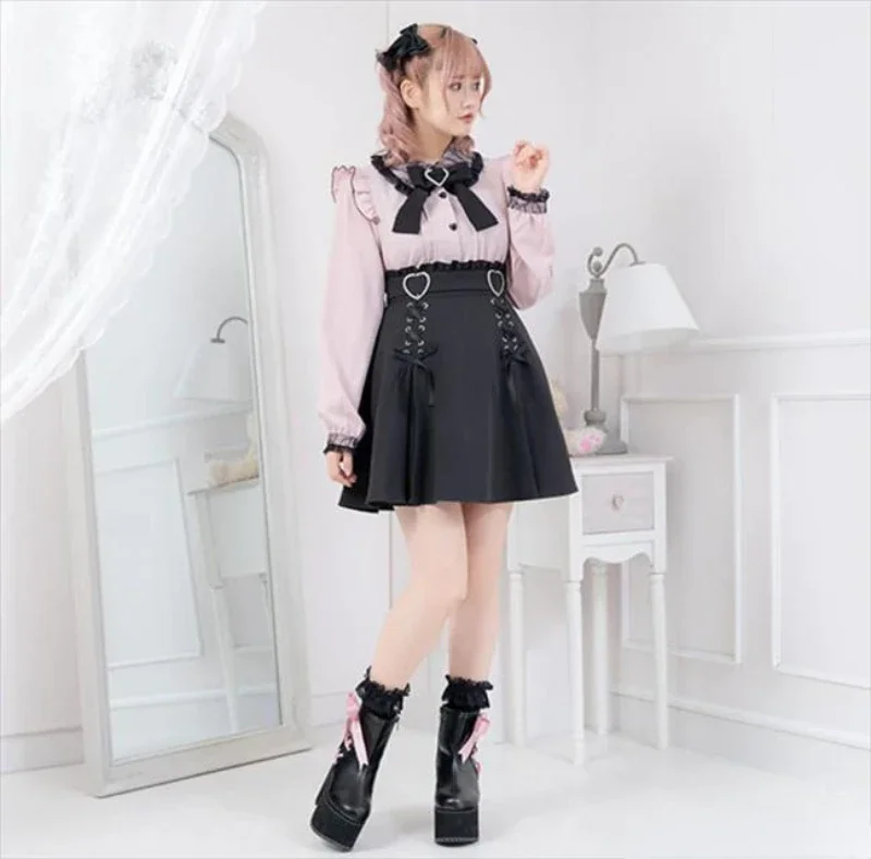 

NONSAR Y2k Aesthetic Harajuku Sweet Girl High Waist Bandage Mini Skirt Women Slim Solid Streetwear Gothic Japanese Jk Skirts