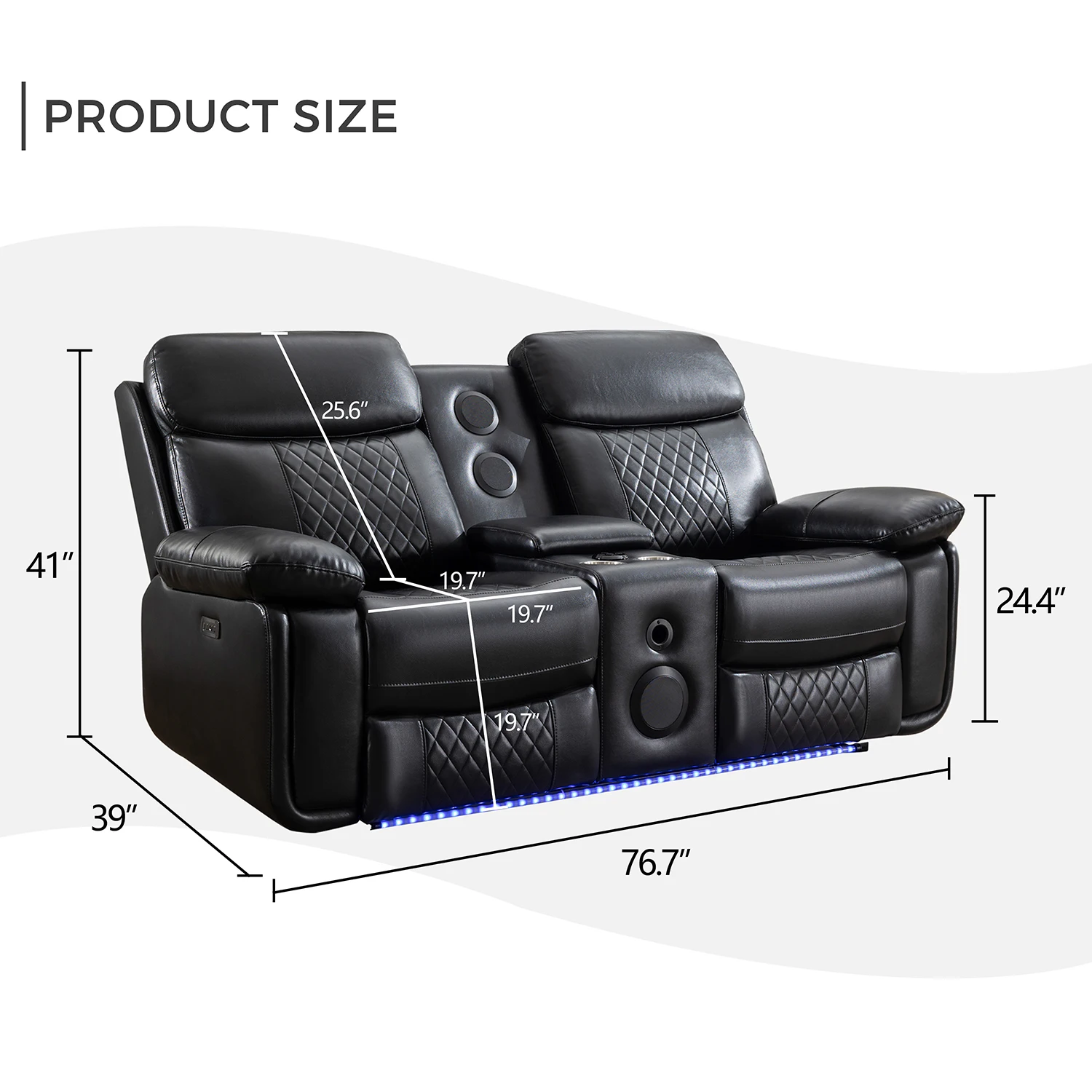 M046 Faux Leather Power Recliner Loveseat with Bass Speaker, LED Floor Light, Storage Console, USB Port 2 Seat