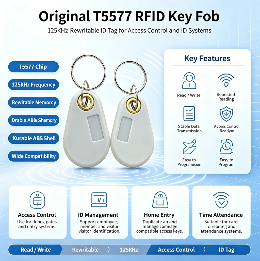 100Pcs 125KHz EM4305 T5577 RFID Key Tags Ring Blank Chip Copy Writable Grey Keyfobs Rewritable Keychain Access Card