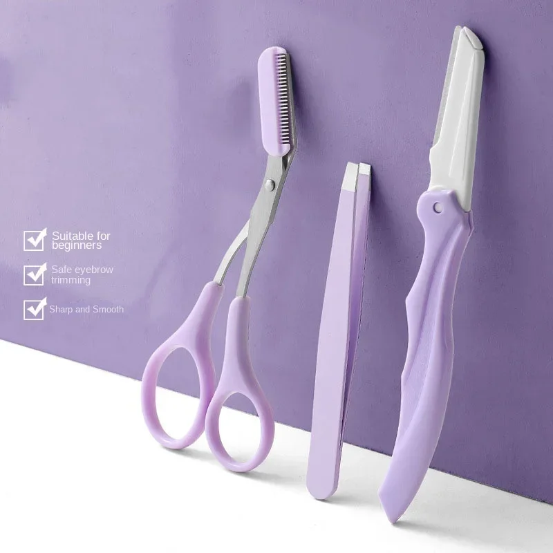 3Pcs Eyebrow Trimmer Eyebrow Razor Kit Eyebrow Scissors Eye Brow Comb Razor For Face Tweezers Eyelash Eye Brow Shaper Eyebrows