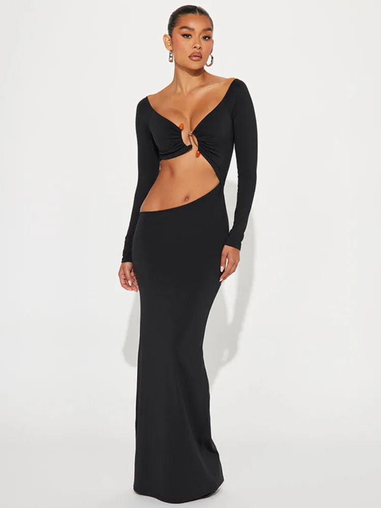 Mozision Hollow Out Long Sleeve Sexy Maxi Dress For Women Gown Autumn New V Neck Backless Bodycon Evening Sexy Long Dress