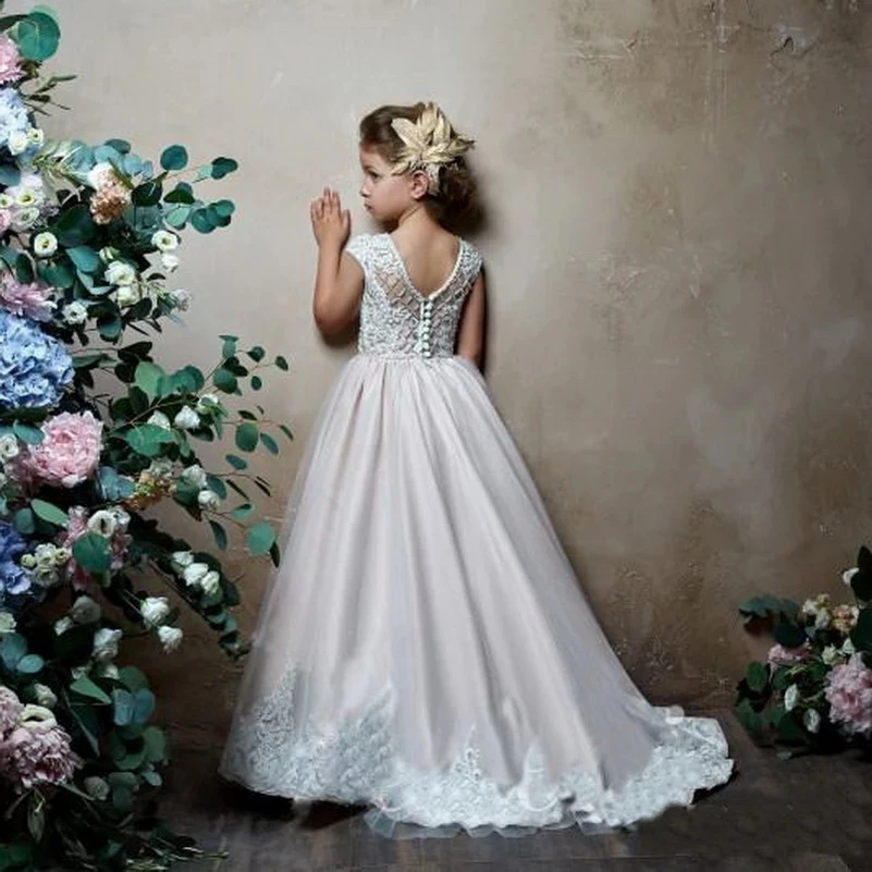 Vestidos de niña de flores para playa, bodas, Apliques de encaje, vestidos de bebé, manga de casquillo, vestido de fiesta de comunión, recién llegado