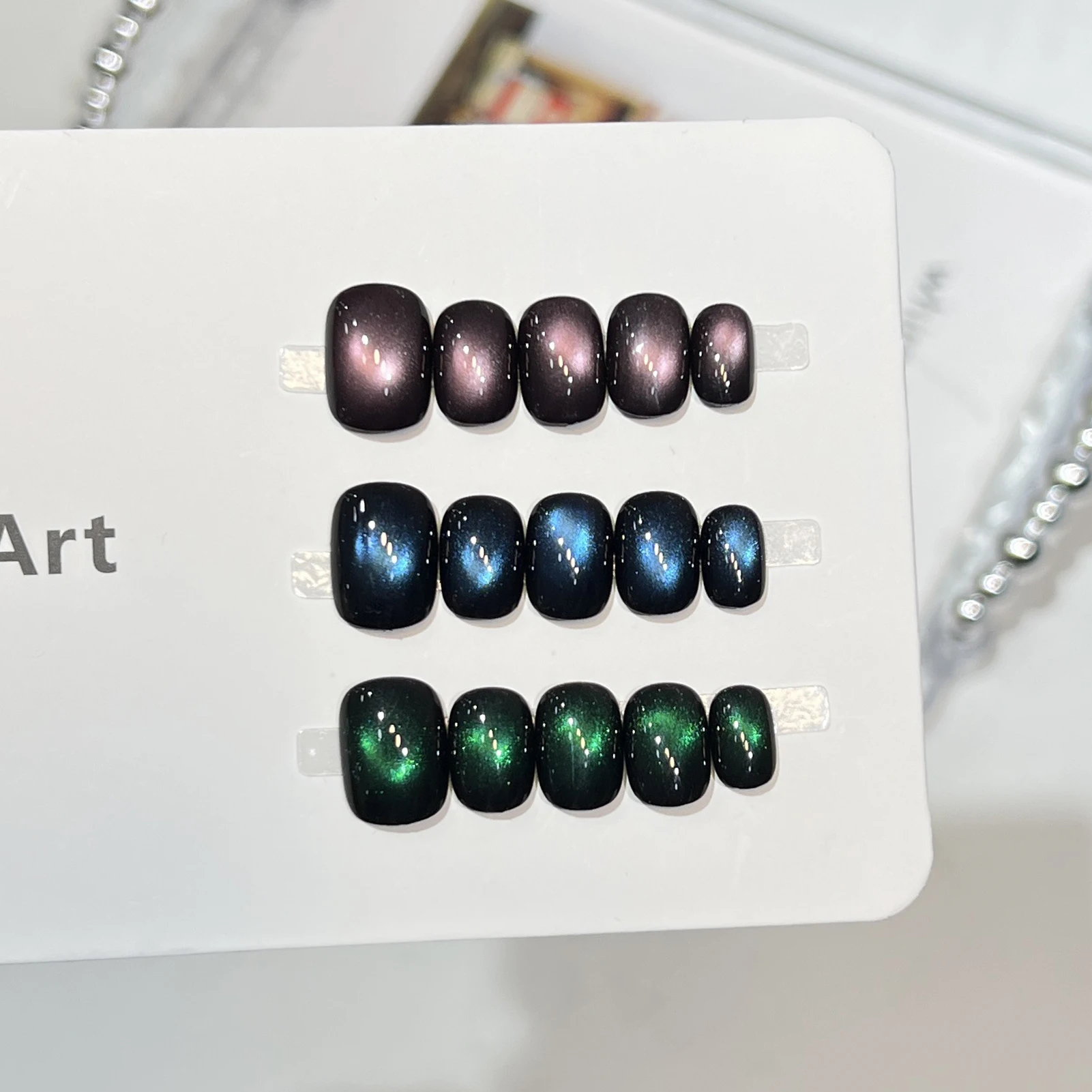 

10Pcs Cat Eye Fake Nails Blue Pink Green Glass Beads Short Solid Color Press on Nails Handmade False Nails for Daily Wearing