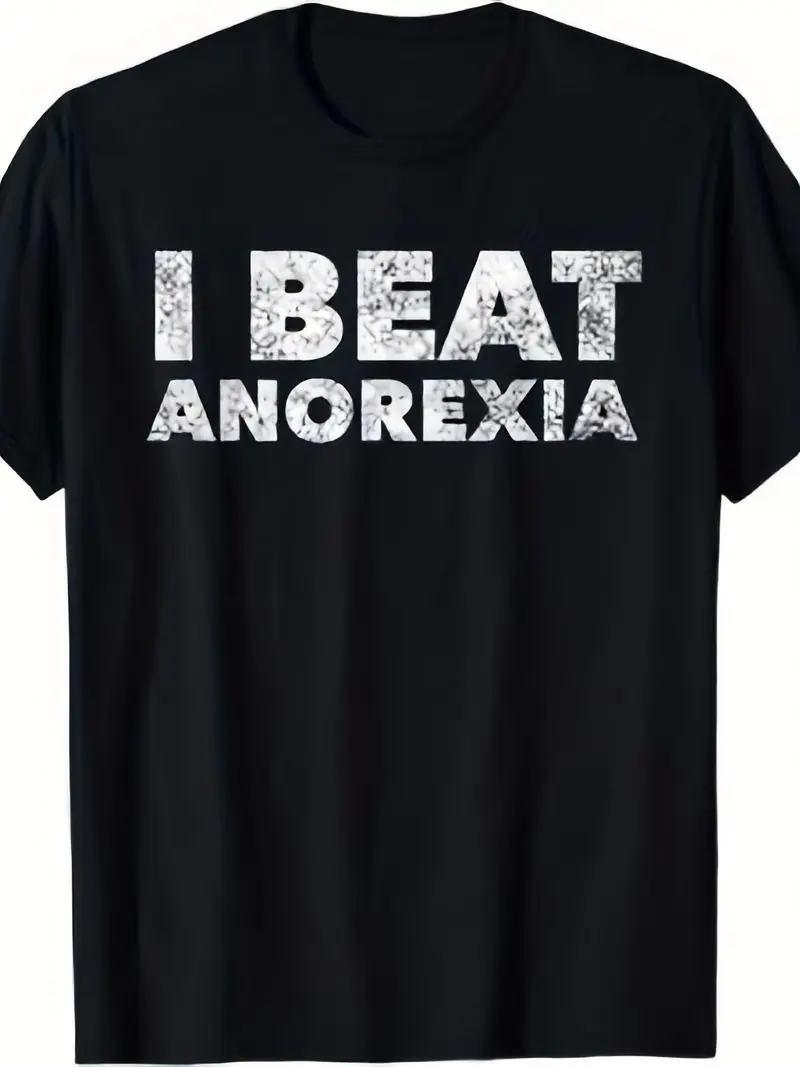 Black T-Shirt With Bold Distressed White Text I Beat Anorexia Centered On The Chest Plus Size Slogan Print Casual Short Sleeve
