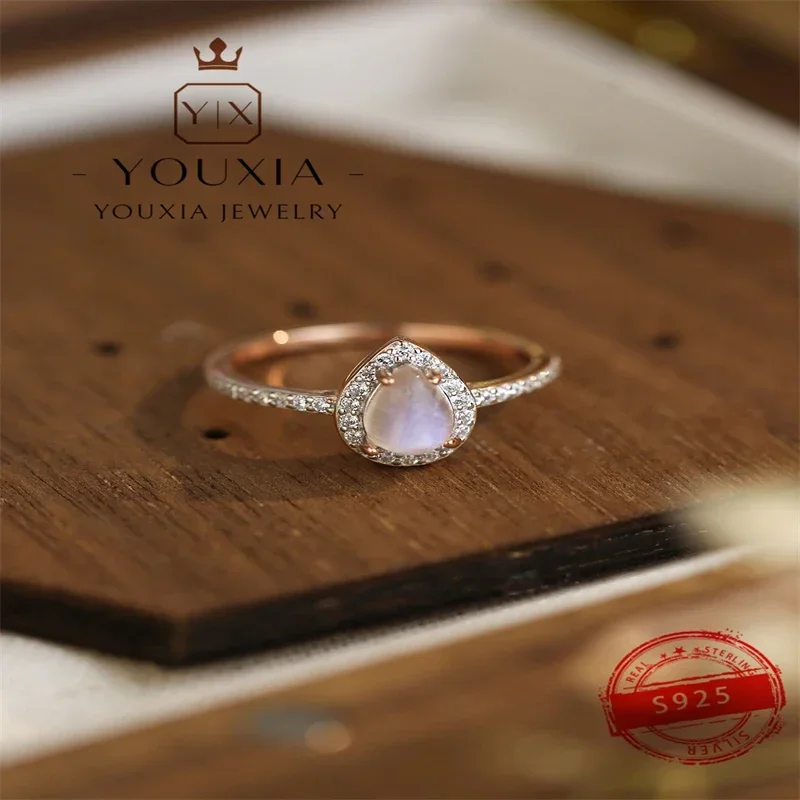 Best-selling European and American s925 silver simple design fashion rose gold moonstone ring couples high-end jewelry