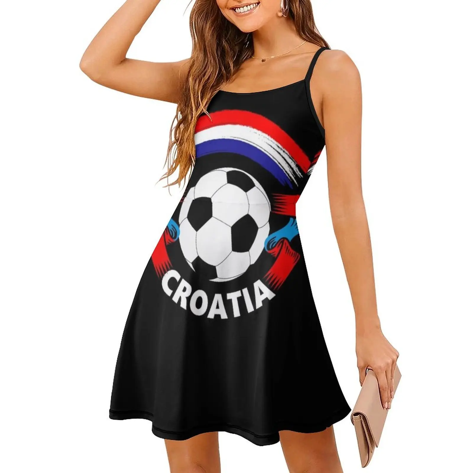 Gaun Kasual Gaya Korea dengan Bendera Penggemar Sepak Bola Kroasia untuk Wanita, Gaun Kantor Sederhana untuk Sehari-hari, Gaun Wanita yang Menunjukkan Kebanggaan Kroasia